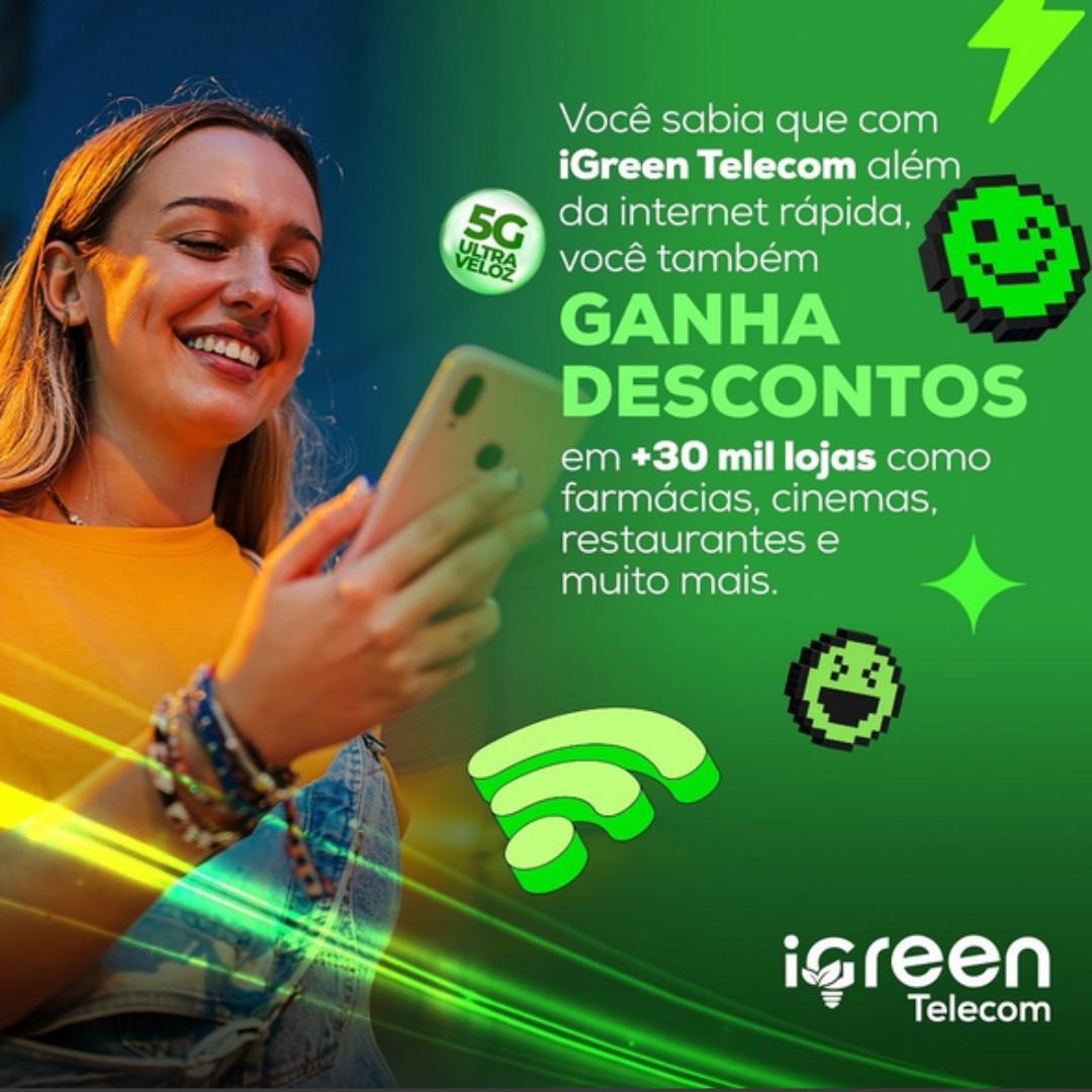 Cliente iGreen Telecom também ganha desconto em compras: farmácias, restaurantes, cinemas e lojas
